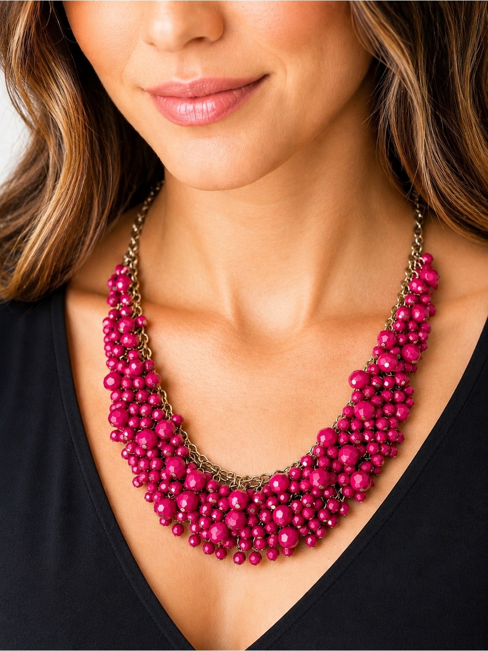 Hot pink beaded bib necklace